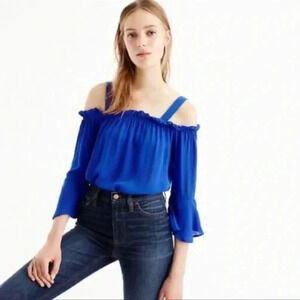 J Crew Women Cold-shoulder top with bell sleeves Size 2 Sapphire Blue